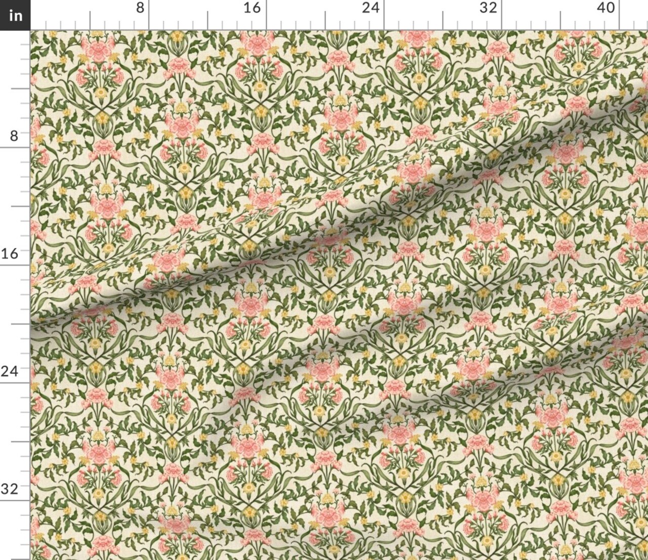 Floral Pink Green Botanical Hand Drawn Flowers Traditional Damask Cottagecore Farmhouse Custom Printed Fabric by Spoonflower Various Fabrics by the Yard or Fat Quarter